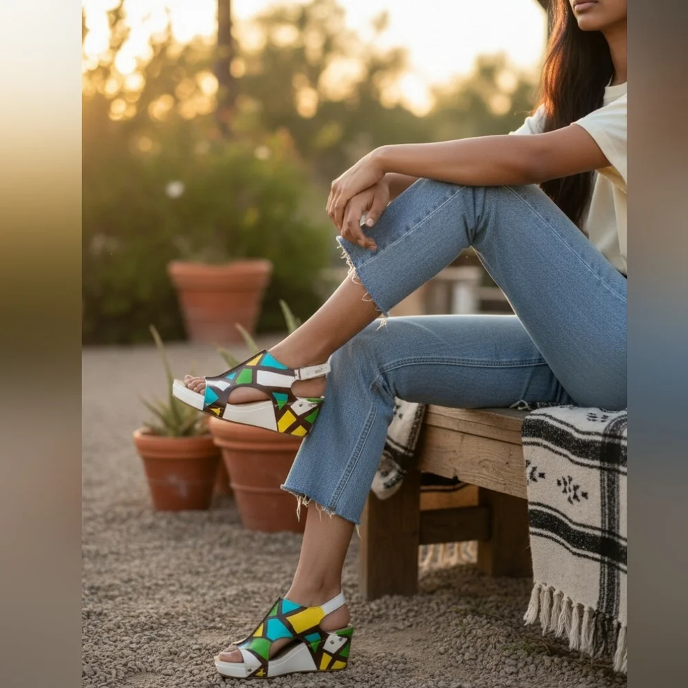 Corkys Leather Colorblock Wedge Sandals Geometric Platform Handpainted OOAK NWOT